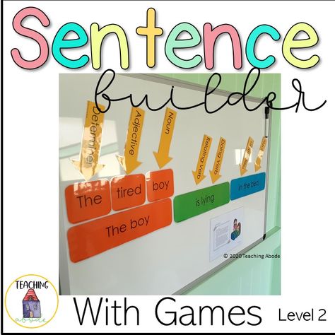 Sentence Builder Level 2 follows on from Sentence Builder Level 1. Children's punctuation improves when they understand the different parts of a sentence. Sentence Builder Level 2 teaches children the sentence parts of who/what is doing the action (subject), what is the action (verb) and where, how, why (circumstance/adverb group). ACELA1451 Sentence Formation Activities, Sentence Construction Worksheets, Sentence Construction Grade 1, Sentence Builders First Grade, Teaching Sentence Structure, Expanding Sentences, Parts Of A Sentence, Sentence Builder, Sentence Building