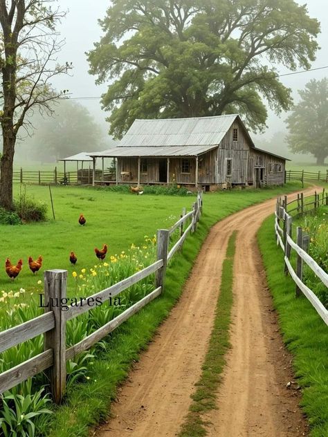 Farm Pictures Aesthetic, Country Scenery, Wooden Fences, Pure Country, Farm Paintings, Rural Living, Silhouette Painting, Tall Trees, Digital Landscape