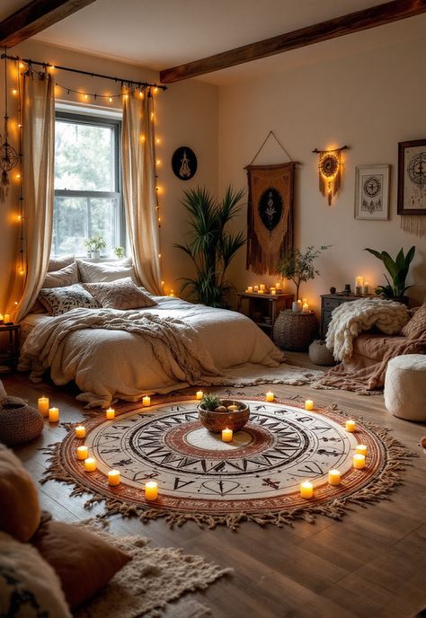 Boho Witchy Bedroom Sacred Bedroom Ideas, Pagan Room Ideas, Boho Crystal Aesthetic Room, Bedroom Altar Ideas, Spiritual Room Ideas Bedrooms, Witchy Boho Bedroom, Tarot Bedroom, Wiccan Bedroom, Spiritual Rooms