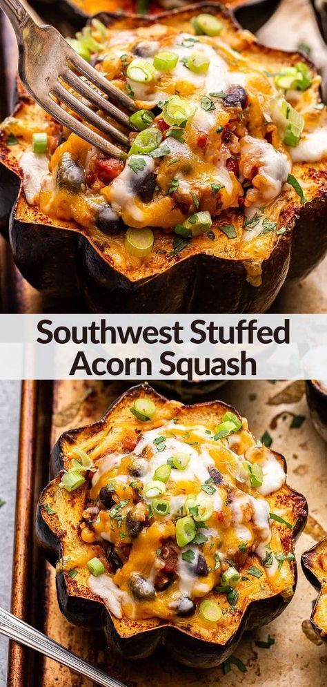 Southwest Stuffed Acorn Squash is a hearty and healthy vegetarian meal that's perfect for fall and winter! Sweet roasted acorn squash compliments the Southwest spices in the black bean and rice filling. This easy dinner is not only delicious the day you make it, but the leftovers hold up well for several days! #wintersquash #acornsquash #Mexicanfood #vegetariandinner #fallrecipes #winterrecipes #healthydinner Acorn Squash Recipes Healthy, Acorn Squash Baked, Runner Recipes, Black Bean And Rice, Recipe Runner, Healthy Squash Recipes, Bean And Rice, Roasted Acorn Squash, Stuffed Acorn Squash