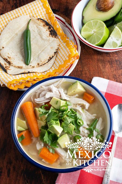 Caldo de Pollo (Mexican Chicken Soup) is a delicious and traditional comforting meal enjoyed in many homes in Mexico. Homes In Mexico, Caldo Recipe, Mexican Chicken Soup, Pollo Recipe, Mexican Soup Chicken, Cooking White Rice, Mexican Chicken, Chicken Pasta Recipes, Recipe Chicken