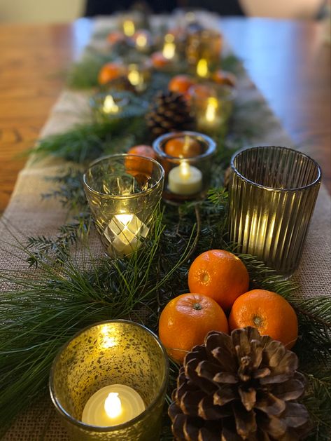 90th Birthday Centerpiece, Christmas Buffet Table, Thanksgiving Dining Table, Simple Thanksgiving Table, Festive Holiday Cocktails, Burlap Runner, Xmas Table, Pine Cone Candles, Glass Votives