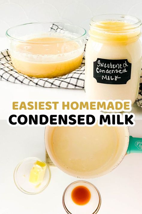 homemade sweetened condensed milk in glass containers and its ingredients How Do You Make Sweetened Condensed Milk, Making Condensed Milk, Homemade Sweetened Condensed Milk Recipe With Powdered Milk, Homemade Sweetened Condensed Milk Recipes Easy, Homemade Condensed Milk Recipes, How To Make Sweetened Condensed Milk, Homemade Sweetened Condensed Milk Recipe, Diy Sweetened Condensed Milk, Diy Condensed Milk