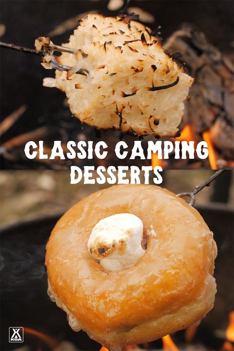 Desserts For Camping, Camping Desserts Campfire, Angel Halos, Campfire Desserts, Campfire Marshmallows, Camping Menu, Foil Dinners, Camping Desserts, Easy Camping Meals