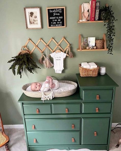 Changing Table Color Ideas, Baby Boy Room Changing Table, Dark Green Dresser Nursery, Colored Dresser In Nursery, Green Furniture Nursery, Dresser Makeover For Nursery, Nursery Green Dresser, Painted Changing Table, Nursery Dresser Paint Ideas