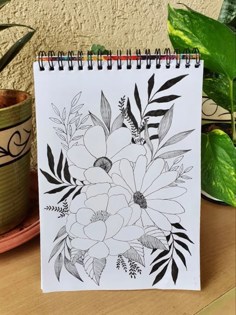 Flower Composition Drawing, Floral Drawing Design, Drawing Pictures For Kids, Flower Composition, Composition Drawing, Pencil Drawings For Beginners, Doodle Art Flowers, Gcse Art Sketchbook, Flower Drawing Tutorials