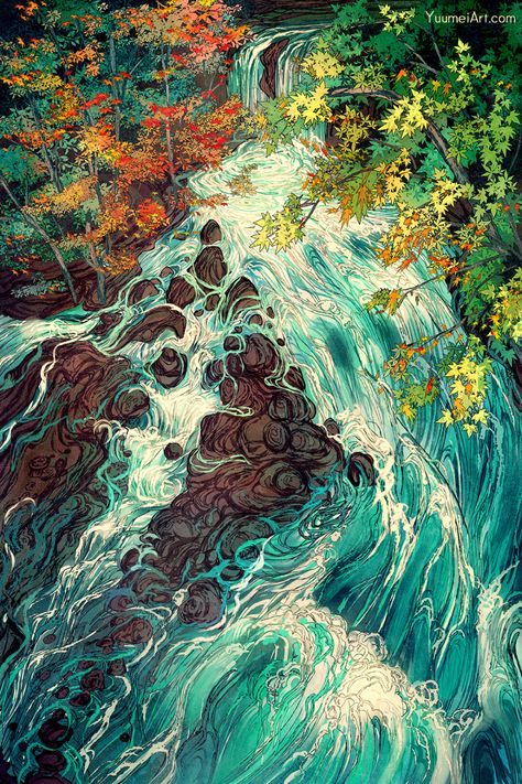 ArtStation - Waterfall in Japan, (Yuumei) Wenqing Yan Embroidery Waterfall, Thunderstorm Tattoo, Wenqing Yan, Waterfall Illustration, Waterfall Drawing, Yuumei Art, Waterfall Paintings, Waterfall Art, Artist Alley