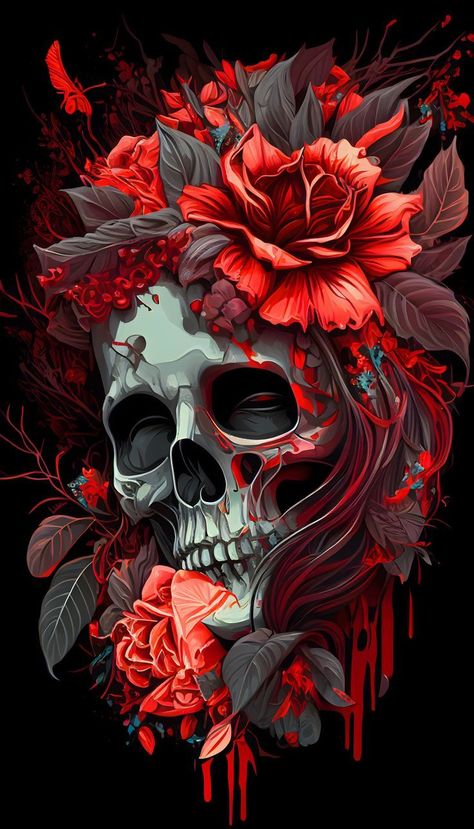 A Skull, Roses, Flowers, Red, Black