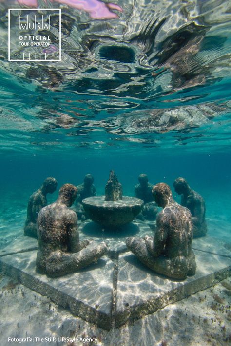 If you visit Cancun or the Riviera Maya you have to visit the MUSA Underwater Museum in Mexico. #cancunmexico #underwaterphotography #museum #snorkeling #underwater #mexique Cancun Underwater Museum, Marine Archeology, Underwater Statues, Mermay 2023, Forbidden History, Underwater Snorkeling, Marine Archaeology, Underwater Museum, Sea Town