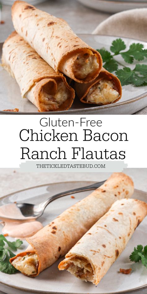 Chicken Bacon Ranch Flautas (Gluten-Free) | The Tickled Tastebud Shredded Chicken And Bacon Recipes, Chicken Bacon Ranch Taquitos, Chicken Bacon Ranch Wrap, Chicken Flautas, Shredded Bbq Chicken, Gluten Free Appetizers, Supper Ideas, Chicken Bacon Ranch, Bacon Ranch