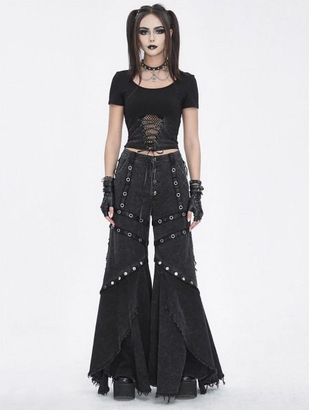 Devil Fashion Black Gothic Punk Eyelets Long Flared Pants for Women - DarkinCloset.com Goth Outfits Pants, Punk Goth Outfits, Lace Gothic Dress, Corsets Fashion, Slim Fit Casual Pants, Punk Top, Leather Outfits Women, Gothic Lingerie, Style Types