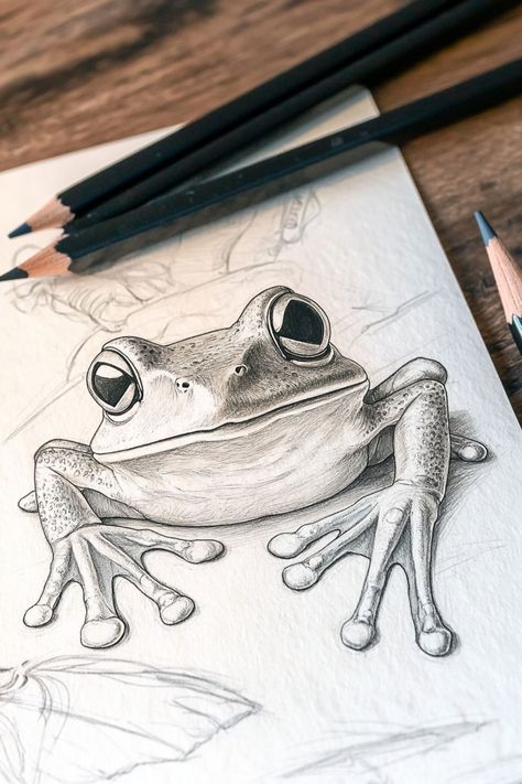 A detailed pencil sketch of a frog with expressive eyes, part of a collection of little sketches frogs. Tree Frog Drawing, Little Sketches, Frog Sketch, Sketches Ideas, Frog Drawing, Finding Inspiration, Your Drawing, Frog Art, Tree Frog