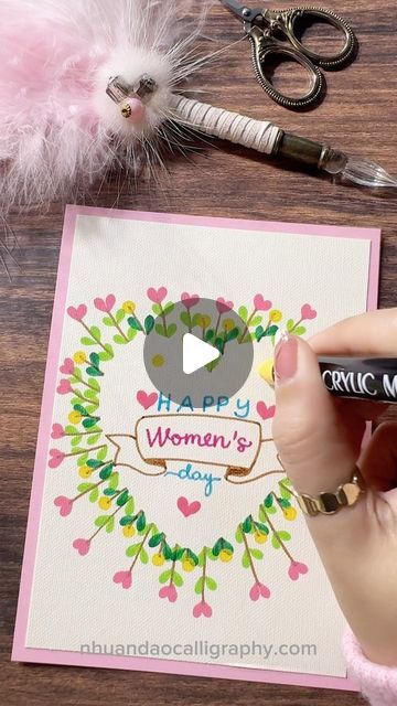 Nhuan Dao✨Calligraphy & Lettering❤️ on Instagram: "Celebrate Her: DIY Happy Women’s Day Card 🌷 . . . 🌟FREE Gift For You: Do u Want to Try Your Hand at Brush Lettering and Calligraphy? Download This FREE Chapter : “How to Practice & Master 10 Basic Strokes” From the Workbook: “The 21-Day Brush Lettering”. 👉You Can Find The Link in My Bio or Visit: nhuandaocalligraphy.com . . . #HandmadeCards #LoveCard #CardforLove #cardmaking #personalizedgifts #Womenday #NhuanDaoCalligraphy #Calligraphy #diycard #BrushLettering #ModernCalligraphy #HandLettering #Lettering #Handwriting #DIYWomenDayCard #Handmade #DIY #artreels #reels" Happy Woman Day Card, Women’s Day Cards, Happy Womens Day Card Design, Women's Day Calligraphy, Birthday Diy Cards, Happy Women's Day Stickers, Happy Women's Day Card, Lettering Handwriting, Happy Mother’s Day Watercolor Card