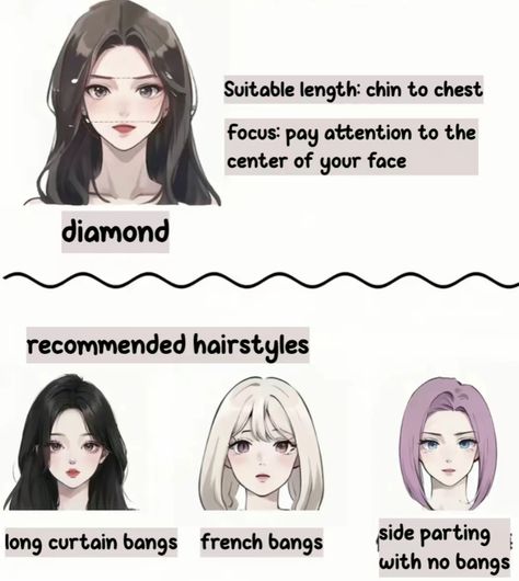 Asian Short Hair Diamond Face, Haircut Diagram Korean, Diamond Face Short Haircut, Diamond Shaped Face Makeup, Long Hair For Diamond Shaped Face, Hairstyle For Diamond Shaped Face, Hair Styles For Diamond Face Shape, Diamond Hairstyles Face Shapes, Diamond Face Shape Kpop Idol