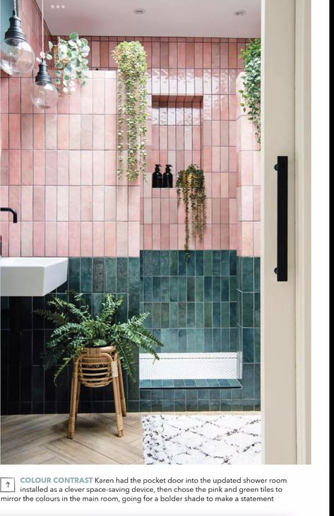 Pink And Green Ensuite, Pink Shower Room Ideas, Pink Tile Shower Bathroom, Sage And Pink Bathroom, Green And Pink Bathroom Ideas, Pink And Teal Bathroom, Decor Vases Ideas, Green Pink Bathroom, Home Decor Paintings Canvas