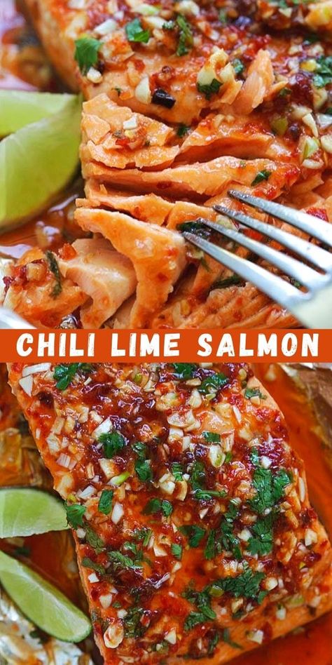 Chili Lime Salmon - moist, tender and delicious foil-wrapped salmon marinated with chili-garlic sauce and lime juice. Easy weeknight recipe that takes 30 mins. Salmon Marinade Recipes, Lime Salmon Recipes, Chili Lime Salmon, Salmon Recipes Baked Healthy, Salmon Marinade, Fish Dinner Recipes, Lime Salmon, Marinated Salmon, Easy Salmon Recipes