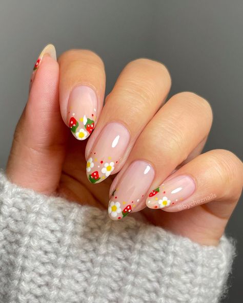 40 Best French Tip Nail Designs to Inspire You Flower French Nail Designs, Flower Nail Sticker Designs, Rosette Nails, Fruit Themed Nails, Dainty Flower Nails, Cottage Nails, Wild Flower Nails, Strawberry Nails Designs, Mushroom Nail Designs