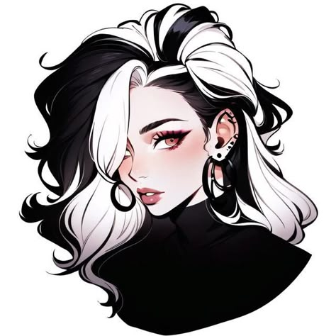 Half Black Half White Hair Anime, Black And White Hair Character Art, Oc Ideas Character Design Inspiration Female, Face Veil Drawing, Black And White Hair Anime Female, Black Hair White Streak Character Art, Goth Oc Girl, Short Black Hair Character Design Female, Dnd Hairstyles Female