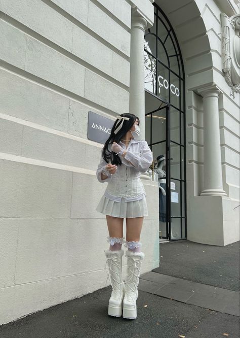 White Vampire Aesthetic Outfit, White Concert Outfit Kpop, Concert Boots, Snow Fairy Aesthetic Outfits, Winter Fairy Coquette Outfits, White Vampire Outfit, Winter Fairy Aesthetic Outfits, Winter Fairy Coquette, White Concert Outfit