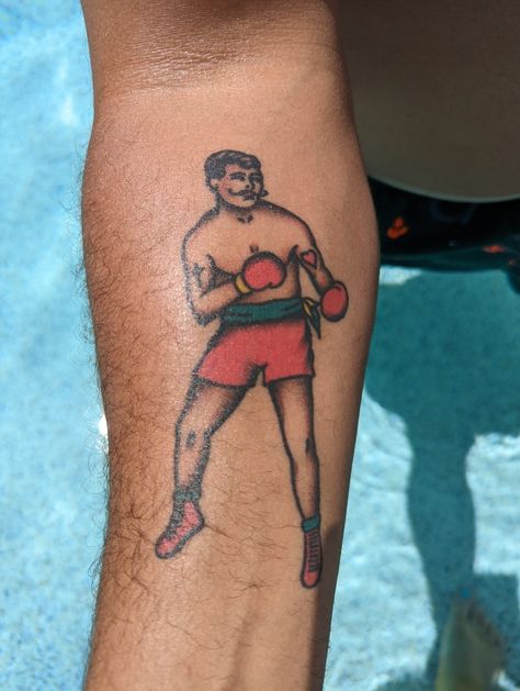 Trad Boxer Tattoo, Boxer American Traditional Tattoo, Boxer Tattoo Traditional, American Traditional Boxer, Old School Boxer Tattoo, Traditional Boxer Tattoo, Tattoo Boxing, Rocky Tattoo, Boxing Tattoo