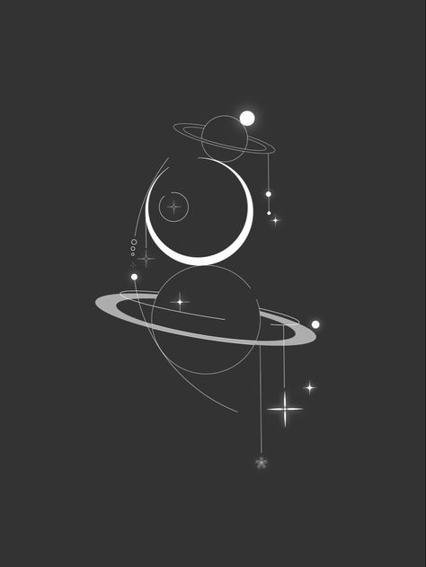 Black and white design of the moon and planets stacked on top of each other with glowing stars and abstract circles Line Art Star Tattoo, Fine Line Wallpaper, Celestial Tattoo Ideas, Celestial Tattoos, Aesthetic Celestial, Line Wallpaper, Celestial Tattoo, Simplistic Wallpaper, Capricorn Tattoo