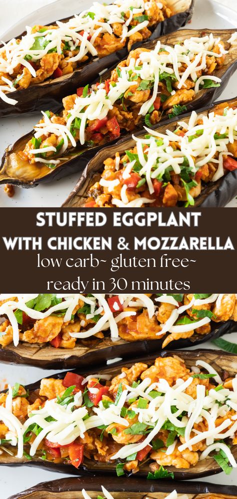 Stuffed Eggplant with Chicken and Mozzarella - Lauren Kelly Nutrition Chicken Stuffed Eggplant Recipes, Eggplant And Chicken Recipes, Chicken And Eggplant Recipes, Stuffed Eggplant Recipes, Chicken And Eggplant, Chicken And Mozzarella, Chicken Eggplant, Healthy Eggplant, Eggplant Recipes Easy