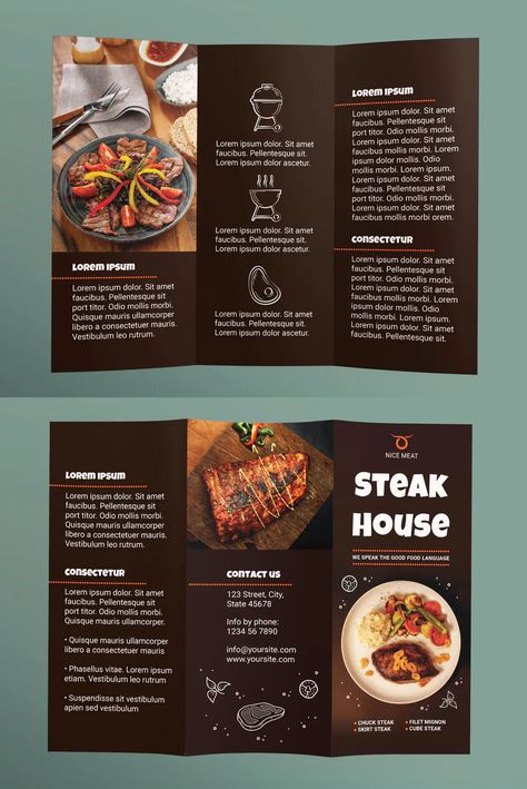 Steak House Trifold Brochure Template AI, EPS, INDD, PSD and MS Word Food Brochure Design Creative, Trifold Brochure Design Creative, Restaurant Card Design, House Brochure, Food Brochure, Menu Cover Design, Restaurant Card, Proposal Brochure, Brochure Food