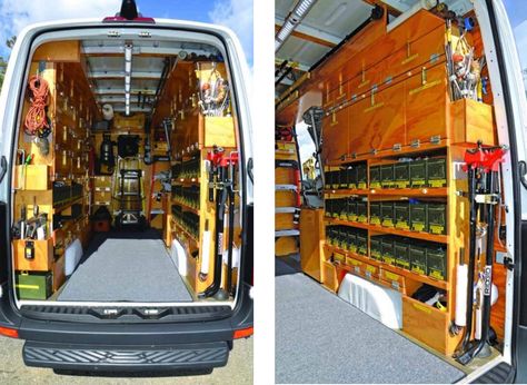 Contractor Van/Truck Parts Storage "DIY" example // Ranshaw Plumbing & Heating in Whitestone, New York // handcrafted wooden storage systems for five Ranshaw service vehicles which take him between 185 and 220 hours to build and cost about $2,500 for materials Plumbing Truck Set Up, Plumbing Warehouse Organization, Plumbing Van Organization, Plumbing Truck Organization, Plumbing Organization, Service Truck Organization, Work Truck Organization, Warehouse Organization, Plumbing Vent