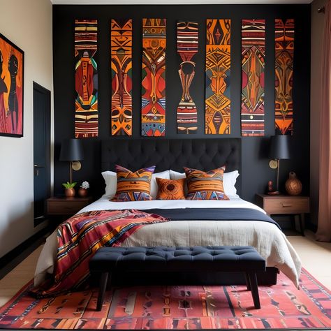 African Art Decor, African Bedroom Decor Ideas, African Theme Bedroom, Modern African Art, African Room Decor Ideas, African Interior Design Bedroom, African Bedroom Ideas, Paint One Wall, African Decor Bedroom