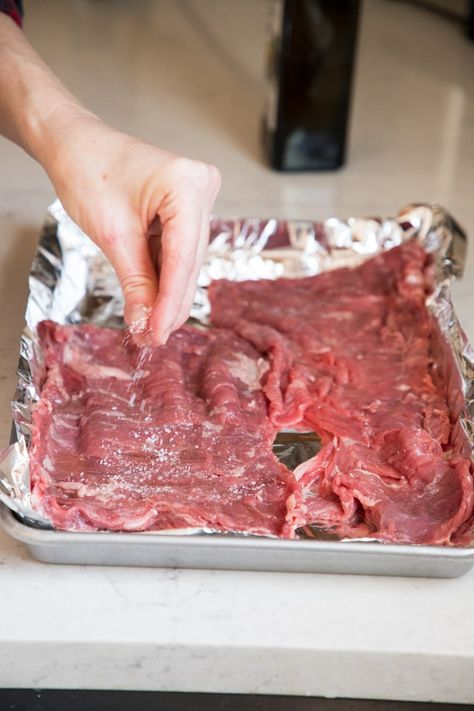 step 5 sprinkle the skirt steak with salt Skirt Steak Oven How To Cook, How To Cook Skirt Steak In Oven, Flank Steak In Oven Recipes, Stuffed Skirt Steak Recipes Oven, Skirt Steak Broiled Recipe, Broiled Skirt Steak In Oven, Beef Inside Skirt Steak Recipes, Baked Flank Steak Oven, Sheet Pan Skirt Steak