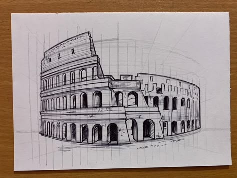 Colosseum drawing with pen. Colosseum Drawing Sketch, Colosseum Drawing Architecture, Famous Buildings Sketches, Roman Colosseum Drawing, Arhitecture Draw Buildings, Drawings Of Buildings Architecture, Colleseum Rome Drawing, Building Art Drawing Sketches, Building Architecture Design Drawing