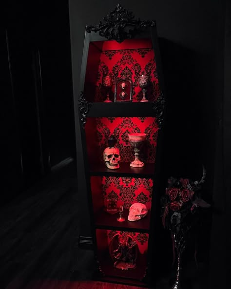 What do you collect, and why? 🪨 For me, it’s rocks/gems and goblets. I’m not sure why, I’ve just always been fascinated by rocks and… | Instagram Vampire Bedroom Ideas, Vampire Bedroom, Vampire Room, Vampire Outfits, Vampire Decor, Coffin Shelf, Gothic Decor Bedroom, Goth Bedroom, Black And Red Roses