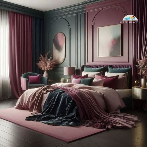 30 Moody Romantic Bedroom Ideas: Enchanting Nights Await - Dusty Purple Bedroom Ideas, Maroon Bedroom Color Schemes, Pink Burgundy Bedroom, Jewel Tone Bedroom Aesthetic, Cozy Bedroom Ideas For Couples Romantic Color Schemes, Deep Pink Bedroom, Pink And Burgundy Bedroom, Bedroom With Purple Walls, Moody Pink Bedroom