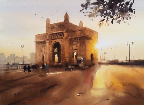 This is an Ananta Mandal's Mumbai series painting Gateway of India. Ananta is widely known for his impressionist style. Watercolor Indian, Gateway Of India, Series Painting, India Painting, Mumbai City, Watercolour Landscape, Friends Poster, Watercolor Pictures, Arches Paper