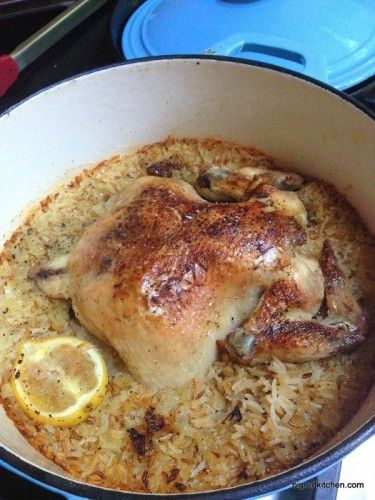 3.5 lb chicken garlic salt 4 tb olive oil 2 c jasmine rice ½ onion chopped 1 lemon cut in 2 4 c chicken broth S&P 350 Season chicken Heat Dutch oven over medium, sear chicken on all sides. Remove to a plate to rest Heat oil Add rice & onion brown 15min Add 1/2 lemon to the rice, put other in chicken Add broth, S&P, stir, add chicken breast side down Cover and roast 90 minutes or until the chicken is cooked through. Let rest at least 10 minutes before serving. Chicken And Rice One Pot, Fitness Foods, Chicken Drumstick, Dutch Oven Cooking, Crockpot Cooking, Dutch Oven Recipes, One Pot Dinner, Pan Meals, Chicken And Rice