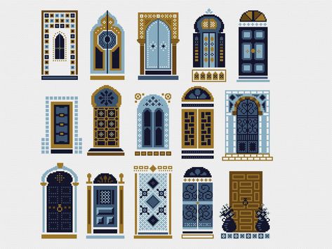 Islamic Cross Stitch Pattern, Arabic Architecture, Boho Ottomans, Moroccan Doors, Patchwork Tiles, Aida Fabric, Gouache Illustrations, Embroidery Diy, Flower Stencil