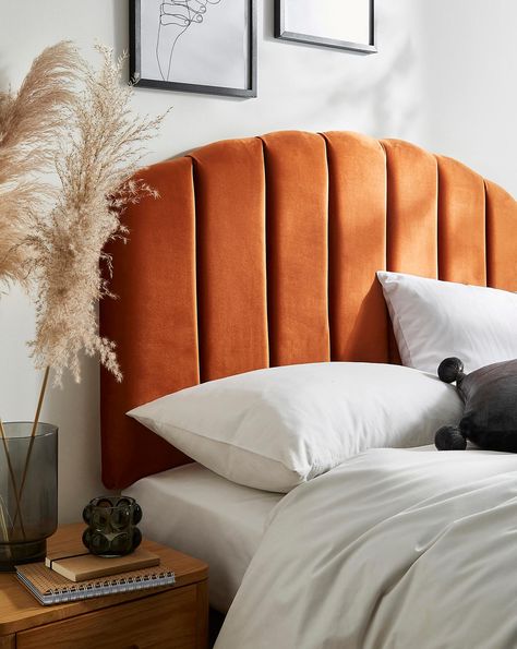 Orange Velvet Bed, Orange Headboard, Sitting Up In Bed, Led Colours, Bedroom 2023, Velvet Bed Frame, 2023 Ideas, Bed Headboard Design, Velvet Fabrics