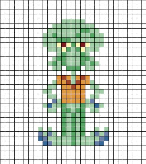 A pixel art template of Squidward from Nickelodeon's SpongeBob SquarePants cartoon program. Squidward Pixel Art, Squidward Perler Beads, Pixel Spongebob, Spongebob Pixel Art Grid, Pixel Art Pattern Spongebob, Mr Krabs Pixel Art, Spongebob Pixel Art, Spongebob Tapestry Crochet, Alpha Patterns Spongebob