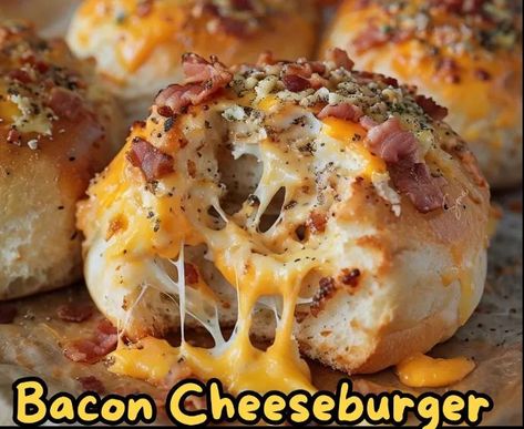 Ingredients:
1 lb  ground beef 🍖
12 slices of  bacon 🥓
1/2 cup cheddar cheese, shredded 🧀
1/4 cup garlic butter 🧄🧈
12 small dough balls (store-bought or homemade) 🍞
Salt and pepper to taste 🧂 Bacon Cheeseburger Balls, Bacon Cheeseburger Garlic Balls, Garlic Butter Bacon Cheeseburger Rollups, Cheeseburger Balls, Cheeseburger Meatloaf, Baked Meatloaf, Perfect Bacon, Salmon Cakes Recipe, Mexican Casserole Recipe