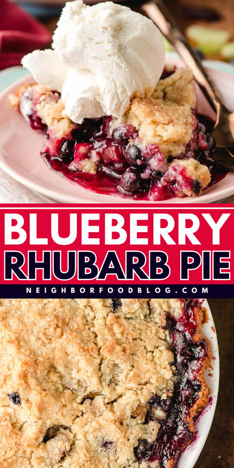 Blueberry Rhubarb Pie is the best way to kick off the summer season! Packed with fresh blueberries, tangy rhubarb, and a hint of lime, this rustic pie is finished with a buttery crumb topping. Serve it warm with ice cream for the perfect end to a summer day. Blueberry Rubarbe Pie, Rhubarb Berry Pie, Blueberry Rhubarb Recipes, Rhubarb Blueberry Recipes, Blueberry Rhubarb Pie, Peach Crumble Pie, Rustic Pie, Blueberry Rhubarb, Crumb Pie