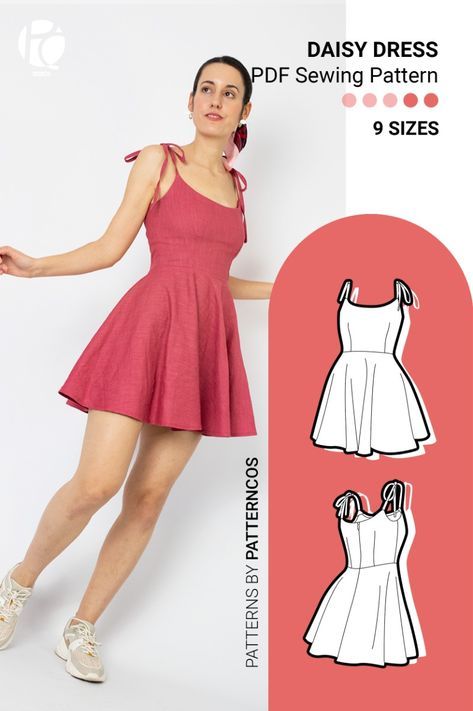 Mini Dress Sewing Patterns, Diy Simple Dress Sewing Tutorials, Mini Dress Sewing Pattern Free, Simple Dress Pattern Free Summer, Printable Dress Patterns, Easy Sewing Dress, One Shoulder Dress Pattern, Skater Dress Pattern, Beginner Dress Pattern