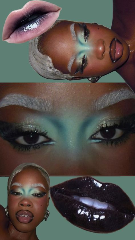 Mermaid Makeup Dark Skin, Siren Makeup Aesthetic, Experimental Makeup Looks, Aquarius Rising Makeup, Siren Makeup Black Women, Dark Siren Makeup, Asymmetrical Makeup, Siren Makeup Look, Underwater Makeup