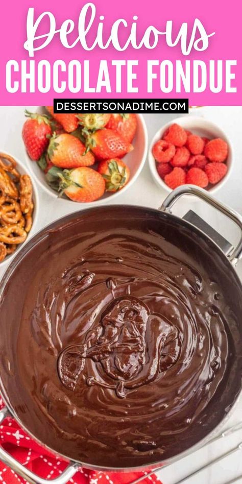 Do you need a fun dessert? Make this easy Chocolate Fondue that is perfect. In just minutes, you can prepare your favorite chocolate fondue. The ideas are endless for dippers and it is always such a fun recipe with simple ingredients. You can use different types of chocolate and it's always a hit. #dessertsonadime #chocolatefondue #partydip #fondue Easy Chocolate Fondue, Easy Chocolate Fondue Recipe, Easy Fondue Recipes, Chocolate Fondue Recipe, Fondue Recipe, Fun Dessert, Toffee Nut, Fondue Recipes, Types Of Chocolate