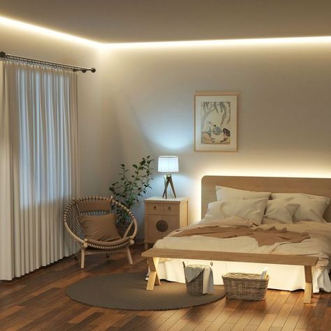 led strip light Led Lights Ikea, Lighting Idea For Bedroom, Light Strip Ideas Bedroom, Minimalist Room With Led Lights, Rooe Lights Bedroom, Simple Bedroom Lighting, Soft Apartment Lighting, Led Rope Lights Bedroom Ceiling, Boho Bedroom With Led Strip Lights