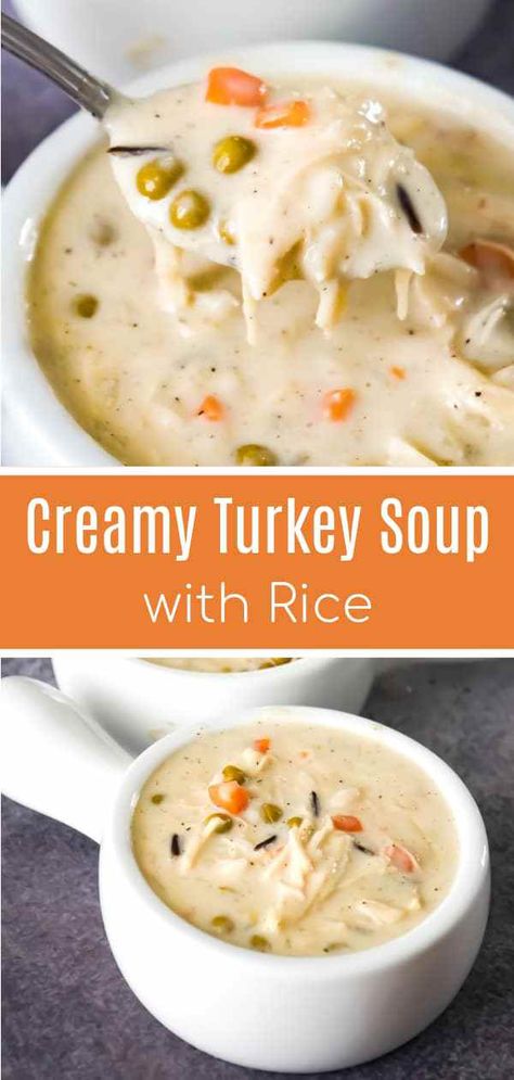 Creamy Turkey Soup with Rice is a perfect fall comfort food recipe. This hearty soup is a great way to use up your leftover Thanksgiving turkey. Turkey Soup With Rice, Cream Of Turkey Soup, Creamy Turkey Soup, Turkey Rice Soup, Soup With Rice, Leftover Turkey Soup, Turkey Soup Recipe, Thanksgiving Turkey Leftovers, Soup Appetizers