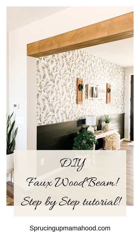 Wrapping A Beam With Wood, Wood Over Doorway, Beam Diy Ideas, Building Faux Wood Beams, Pole In Middle Of Room Ideas, Doorway Wood Beam, Diy Wood Wrapped Columns, Doorway Faux Beam, Wood Beam Top Of Doorway