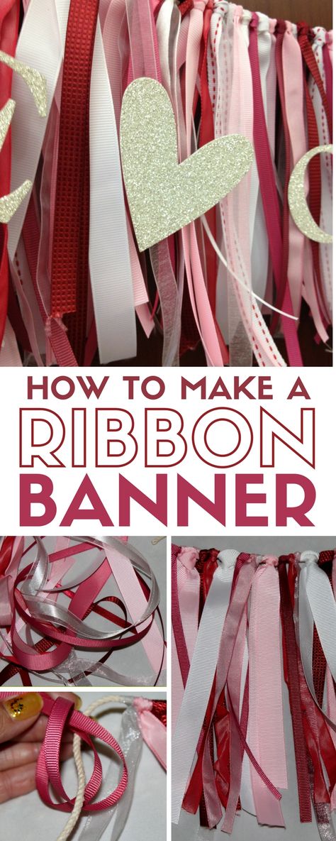 Easy Ribbon Banner | Party Ideas | Home Decor | DIY Crafts Ribbon Swag Garland, Craft Ideas With Ribbon, Ribbon Garland Diy How To Make, Ribbon Hanging Ideas, How To Decorate With Ribbon, Ribbon Curtains Diy, Diy Ribbon Banner, Birthday Ribbon Banner, Ribbon Garland Diy