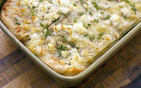 Pierogi Lasagna from chef Michael Symon...perfect for a potluck, carry-in or any party, especially Super Bowl. Pierogi Lasagna Recipe, Pierogi Lasagna, Potato Ideas, Pierogi Casserole, Michael Symon, No Noodle Lasagna, Lasagna Recipe, Easy Casserole, Main Meals