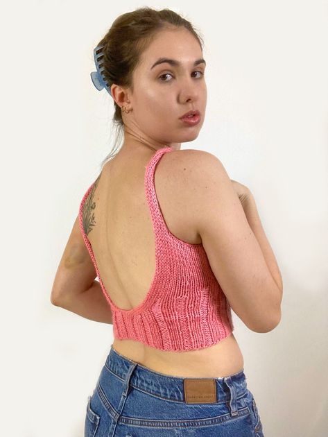 Summer Breeze Backless Knit Tank * Tanktop* Lowback Knitting Pattern* Made to Measure Chic Crochet Top, Knit Tank Top Pattern, Halter Top Pattern, Stylish Knitwear, Knit Top Patterns, Backless Tank Top, Tank Top Pattern, Crochet Beanie Pattern, Knit In The Round