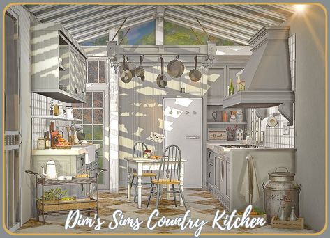 A FREE downloadable Cottage Style Kitchen for The Sims 4. Sims 4 Pantry, Sims 4 Cottage Cc, Vintage Kitchen Sink, Cottage Core Kitchen, Mansion Plans, Sims 4 Cottage, Corner Pantry, Pantry Cupboard, Victorian Mansions